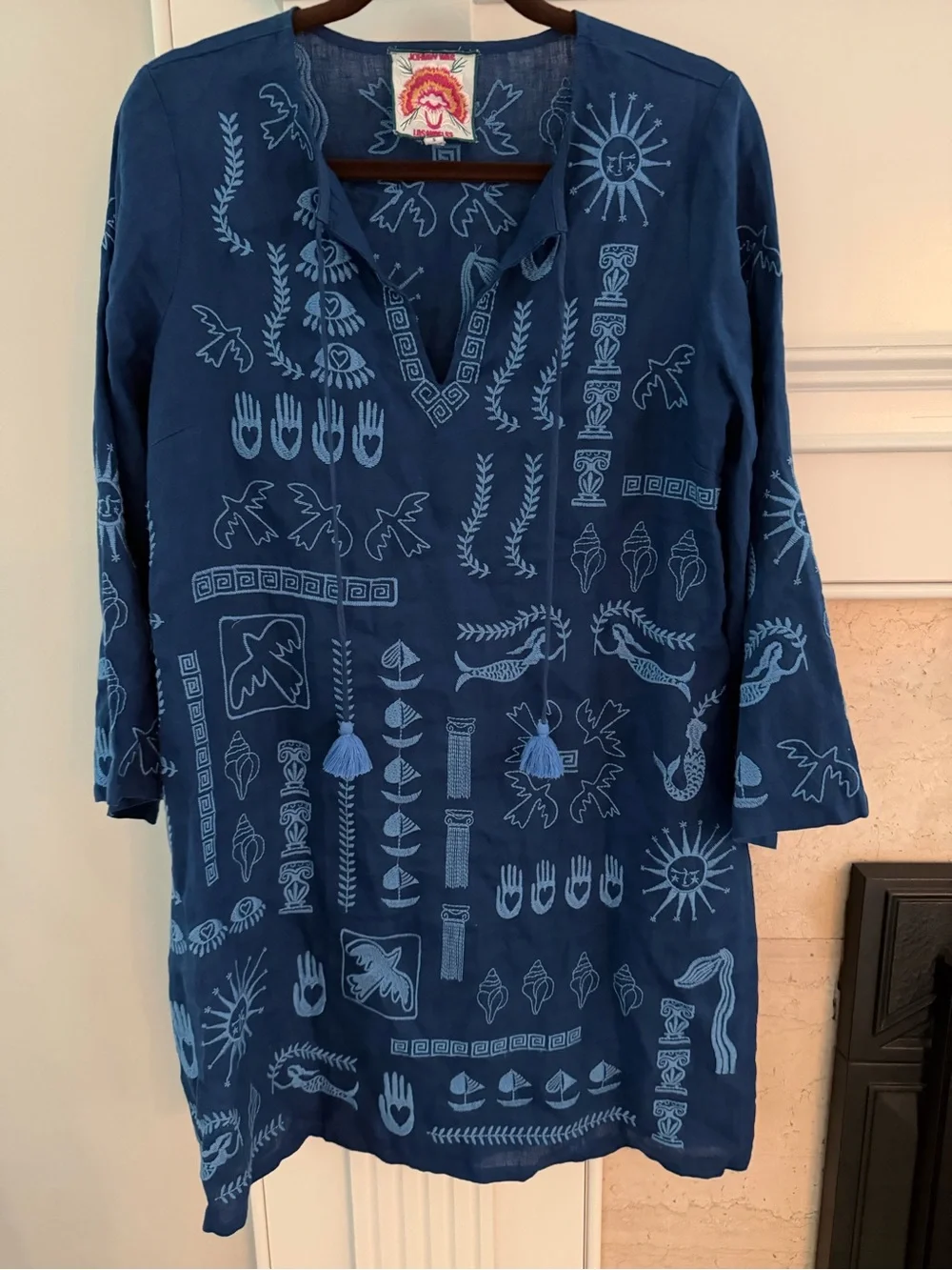 Johnny Was Women’s Navy Blue Embroidered Hippy Boho Tunic Linen Dress Size S